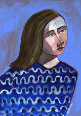 Woman in Blue Sweater Naive Portrait Figurative Poster och Canvastavla