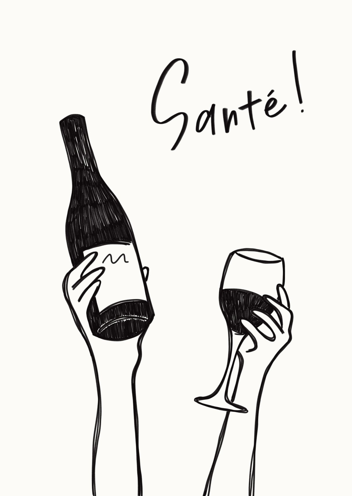 Hands holding a wine bottle and a wine glass with the text "Cheers!" in French Poster och Canvastavla