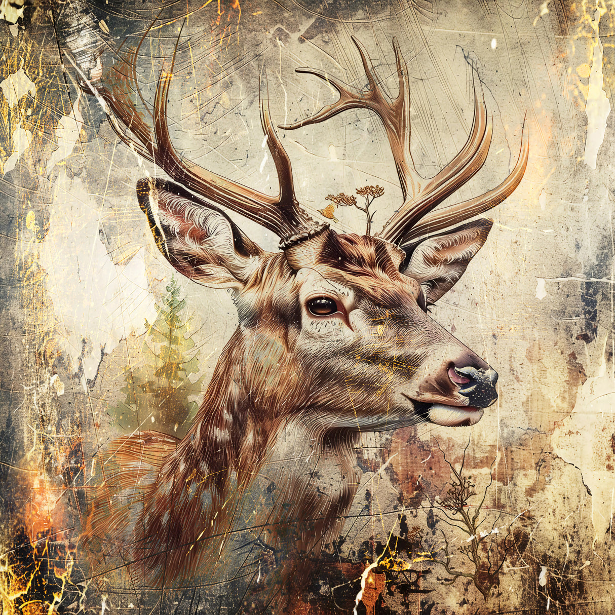 Deer Animal Vintage Art Illustration Wallart 04 Poster och Canvastavla