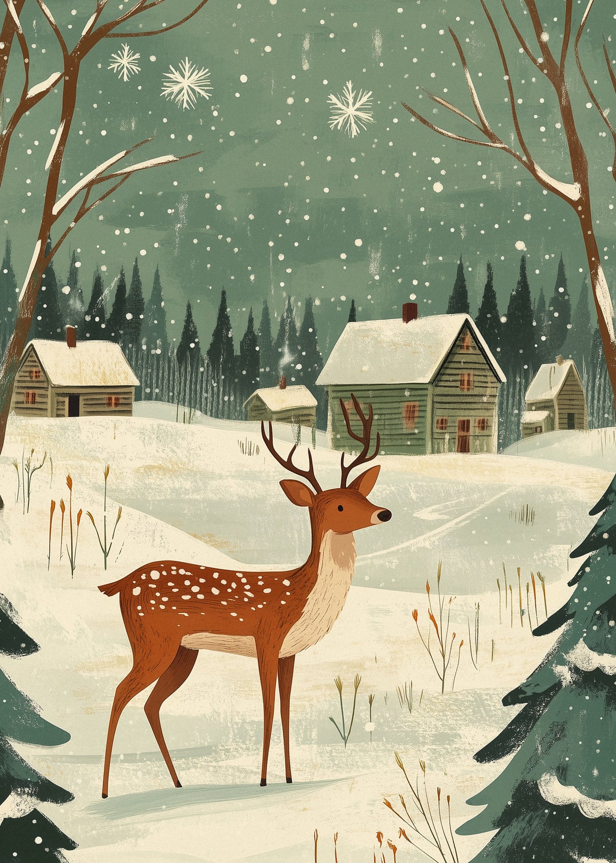 Deer Winter Holiday Green Poster och Canvastavla