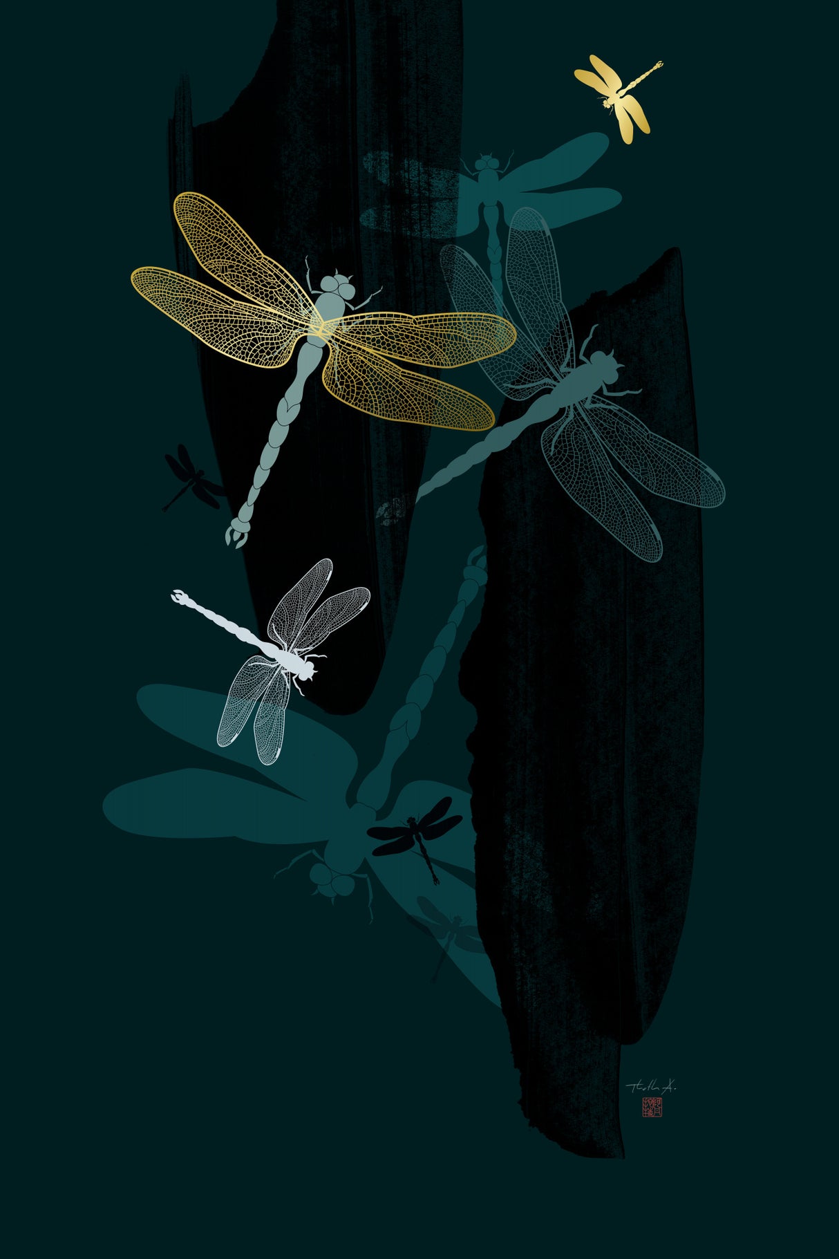 Midnight Dragonflies Poster och Canvastavla