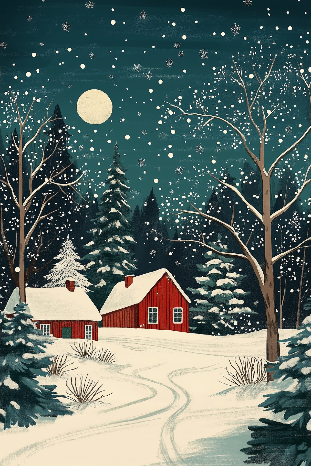 Red Houses and Snowy night sky Poster och Canvastavla