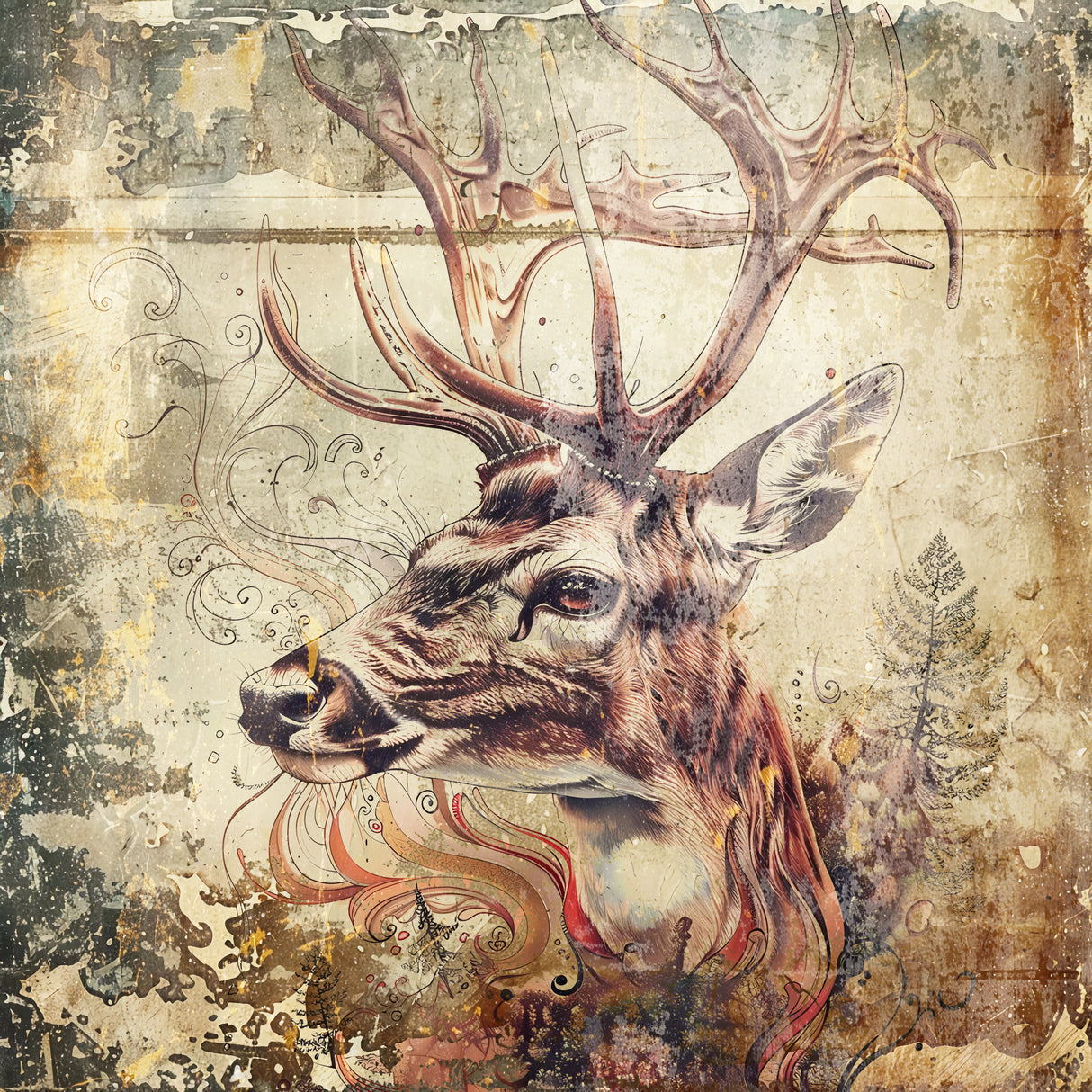 Deer Animal Vintage Art Illustration Wallart 03 Poster och Canvastavla