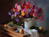 Still life with a bouquet of asters and grapes Poster och Canvastavla