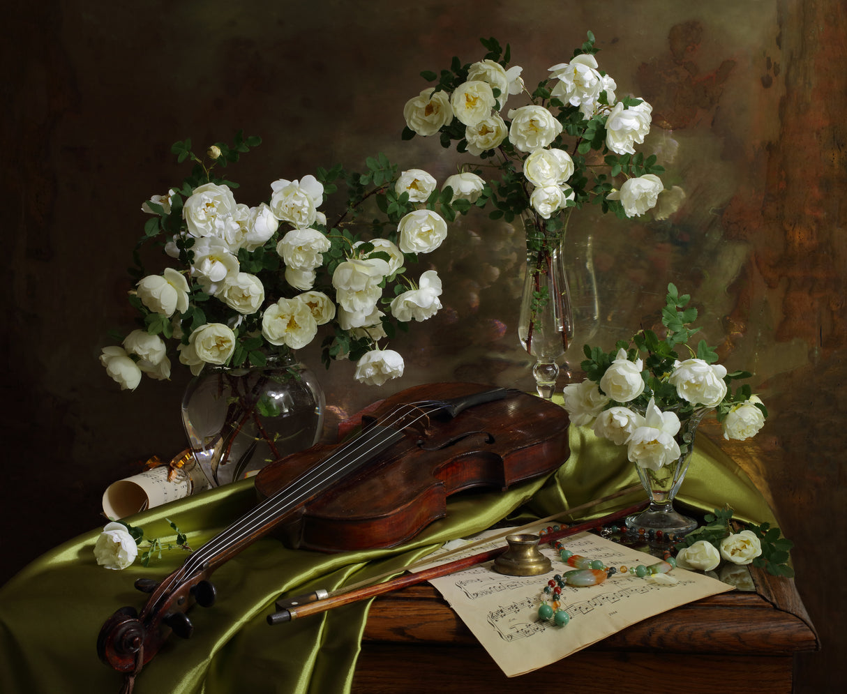 Still life with violin and flowers Poster och Canvastavla