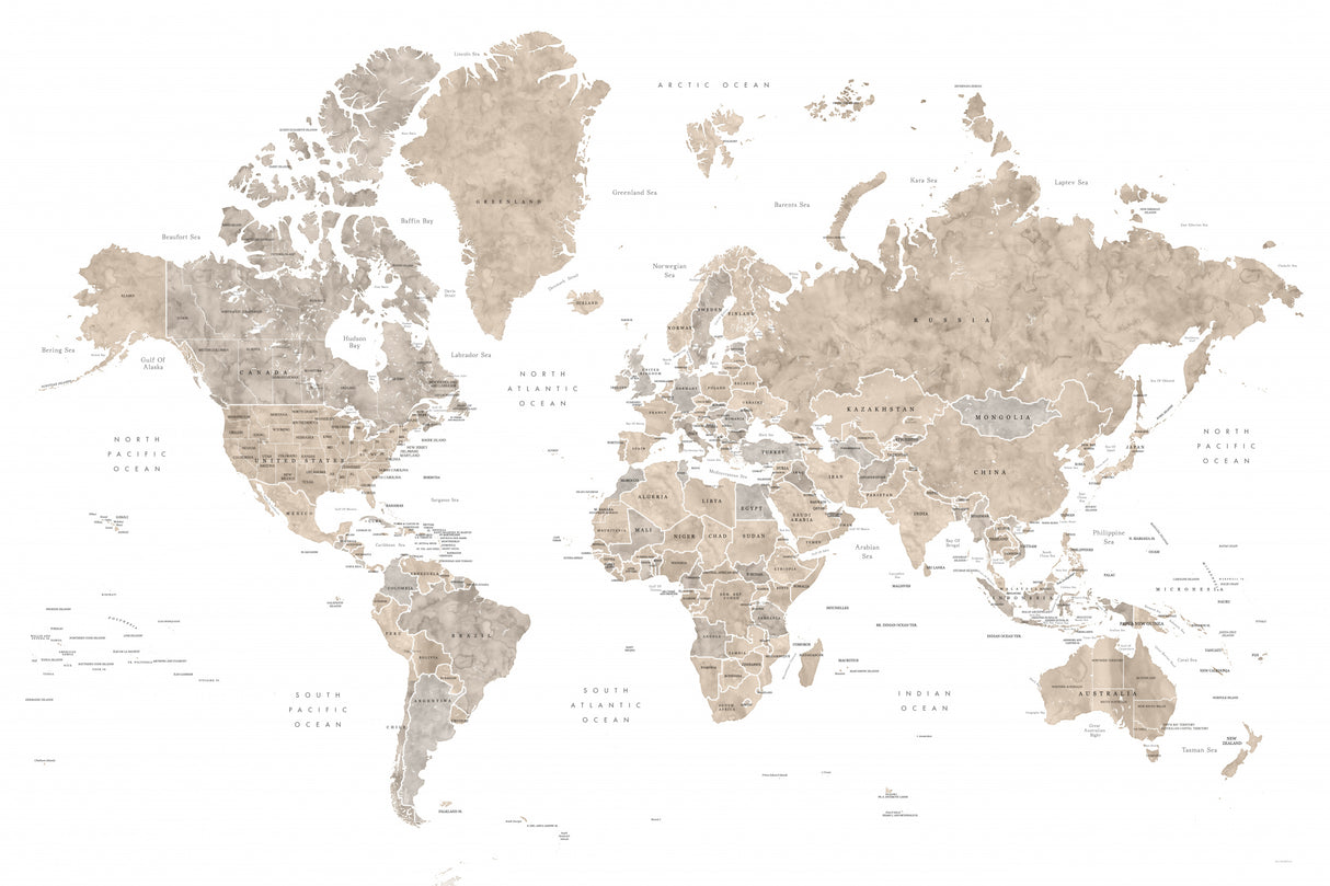 Watercolor world map with countries, Abey Poster och Canvastavla