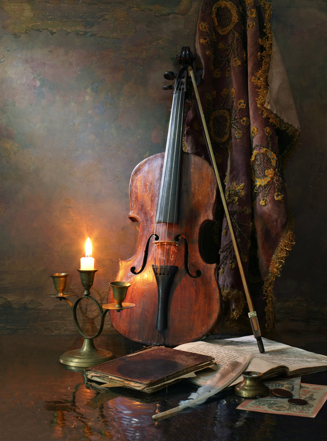 Still life with violin and candle Poster och Canvastavla