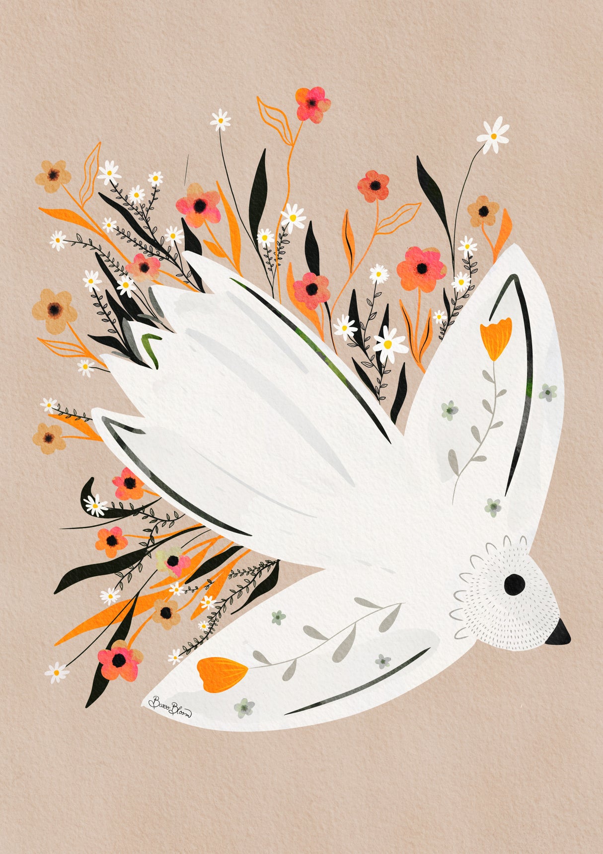 Seagull in Flowers illustration Poster och Canvastavla