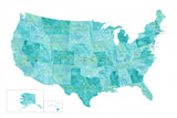 Aquamarine watercolor US map Poster och Canvastavla