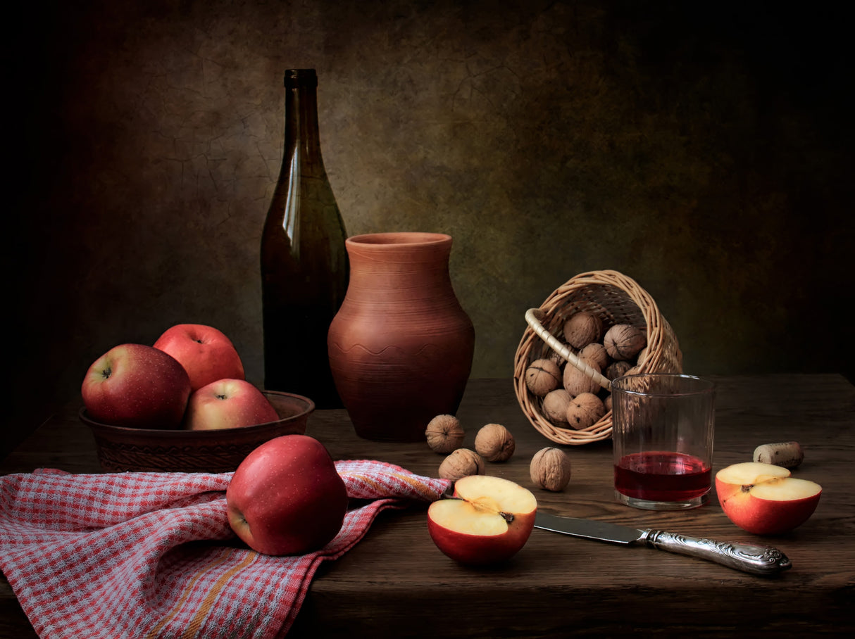 Still life with wine, nuts and apples Poster och Canvastavla