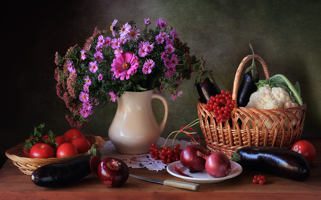 Still life with a bouquet and vegetables Poster och Canvastavla