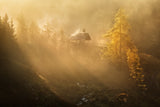 Alpine church in the morning fog Poster och Canvastavla