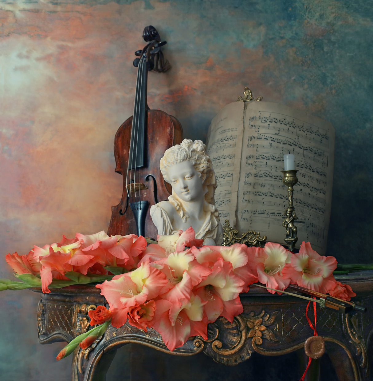 Still life with violin and flowers Poster och Canvastavla