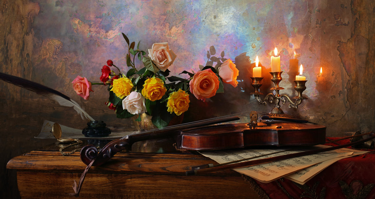 Still life with violin and flowers Poster och Canvastavla