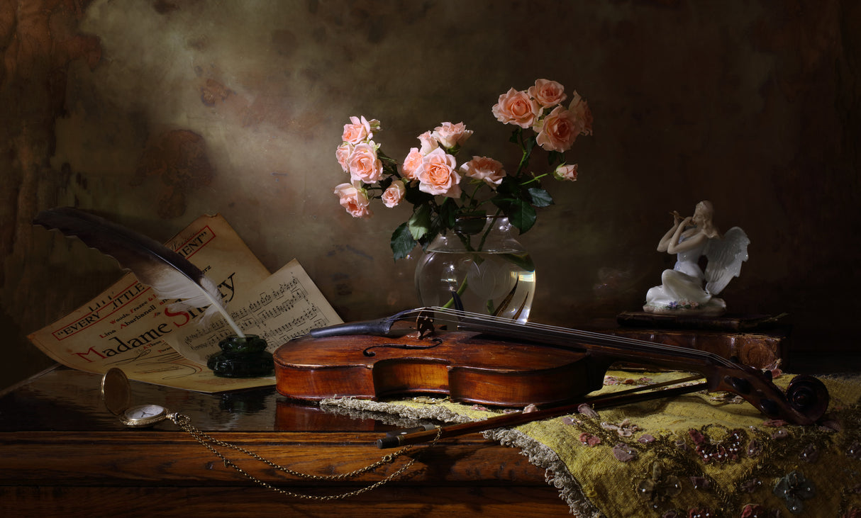 Still life with violin and roses Poster och Canvastavla