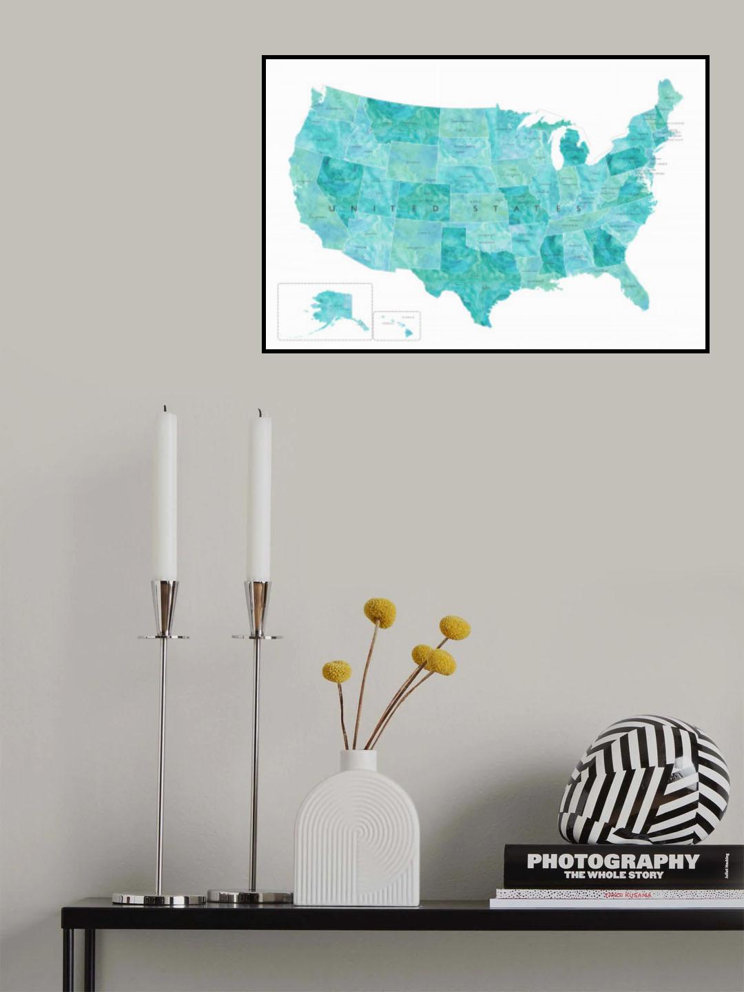 Aquamarine watercolor US map Poster och Canvastavla