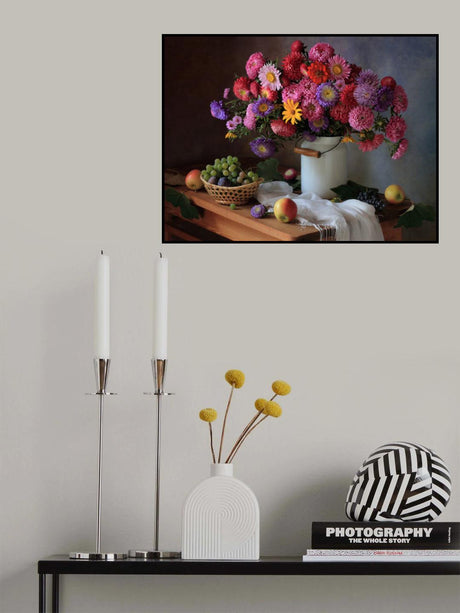 Still life with a bouquet of asters and grapes Poster och Canvastavla